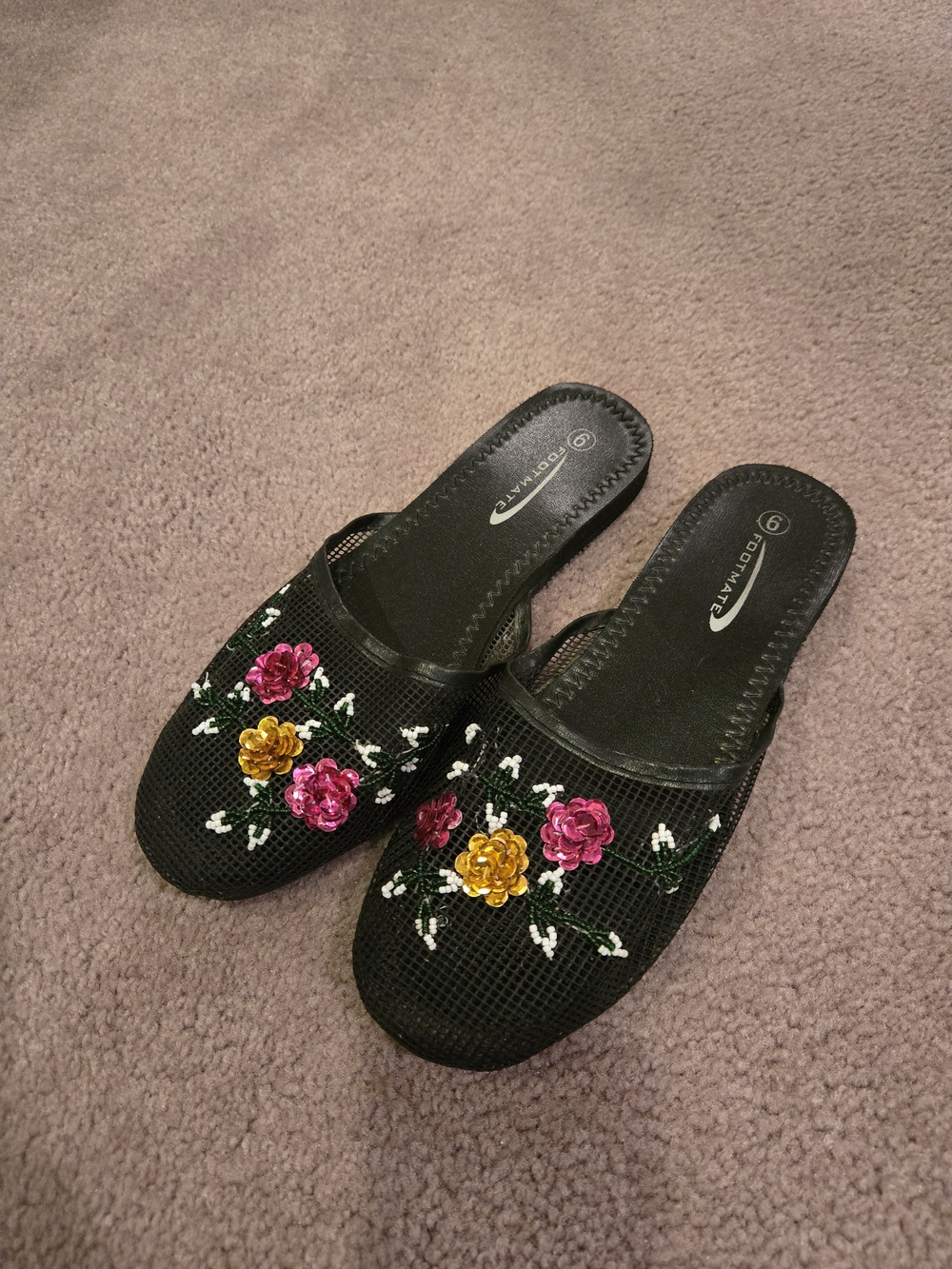 Black Embroidered Floral Slip-On Women's Shoes